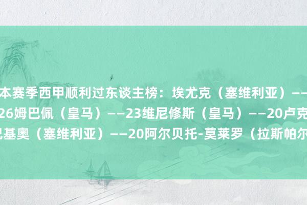 本赛季西甲顺利过东谈主榜：埃尤克（塞维利亚）——28亚马尔（巴萨）——26姆巴佩（皇马）——23维尼修斯（皇马）——20卢克巴基奥（塞维利亚）——20阿尔贝托-莫莱罗（拉斯帕尔马斯）——19    体育录像/图片